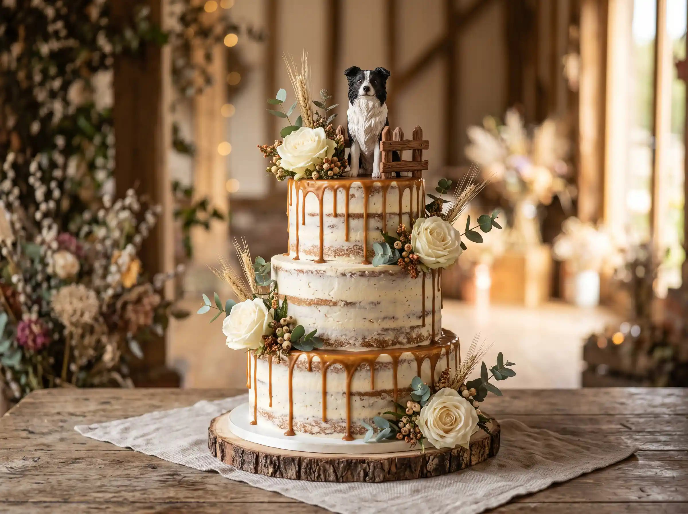 Rustic barn style wedding cake with border collie figurine topper and warm earthy textures