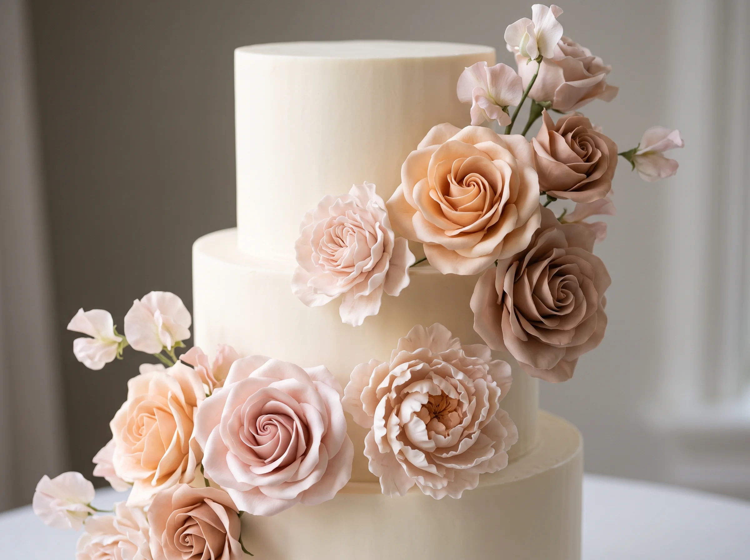 Two-tier wedding cake adorned with handcrafted sculpted sugar flower petals in soft tones