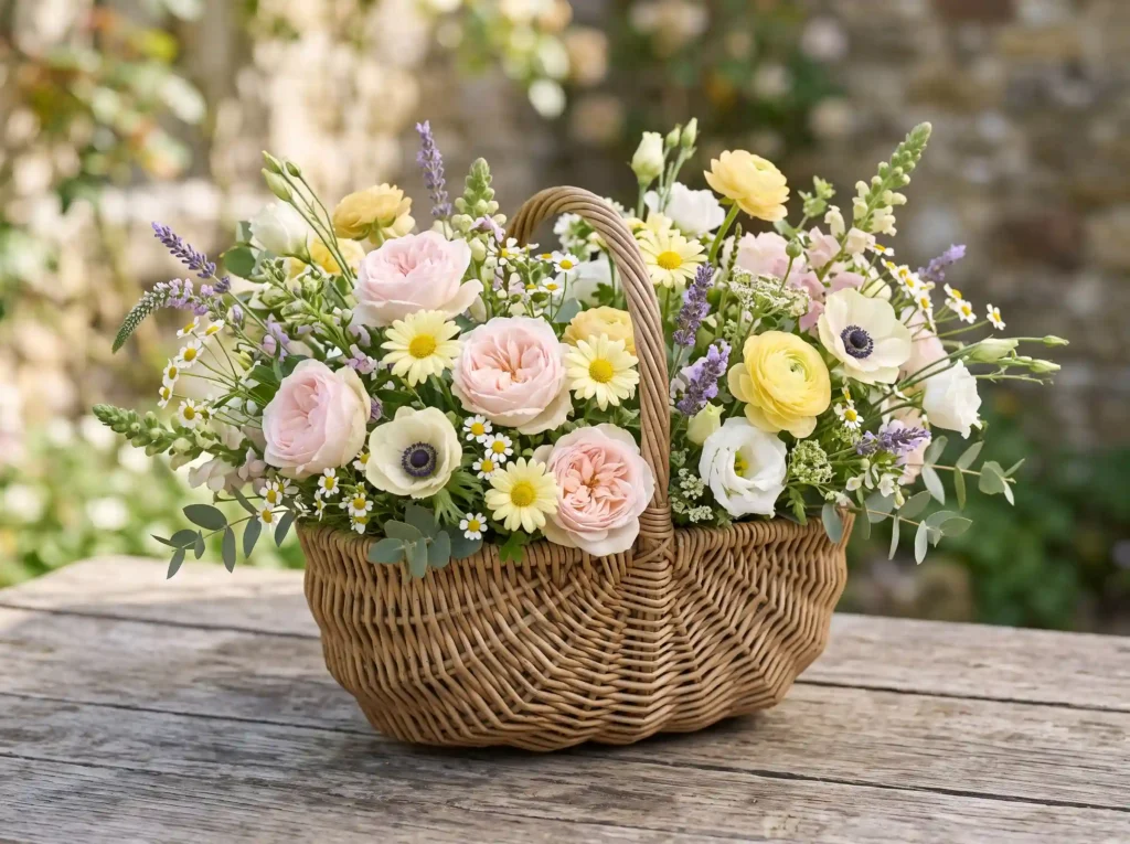 Soft Cottage Bloom Basket Inspiration Vintage co Cottage bloom basket overflowing… K