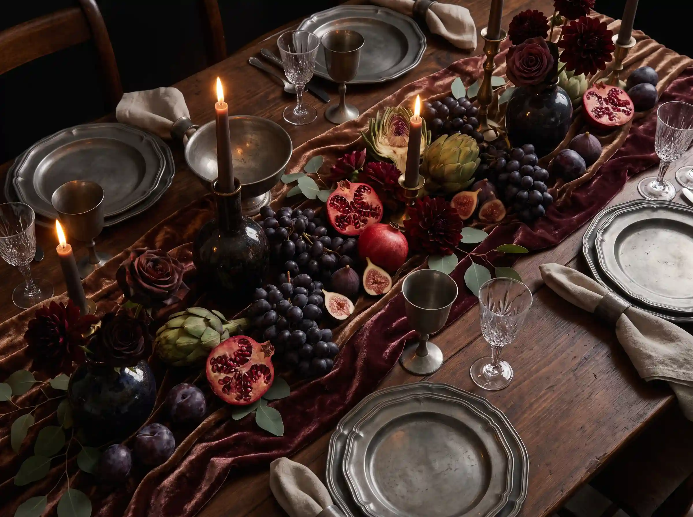 Dutch Masters inspired wedding table overflowing with produce florals and rich painterly textures