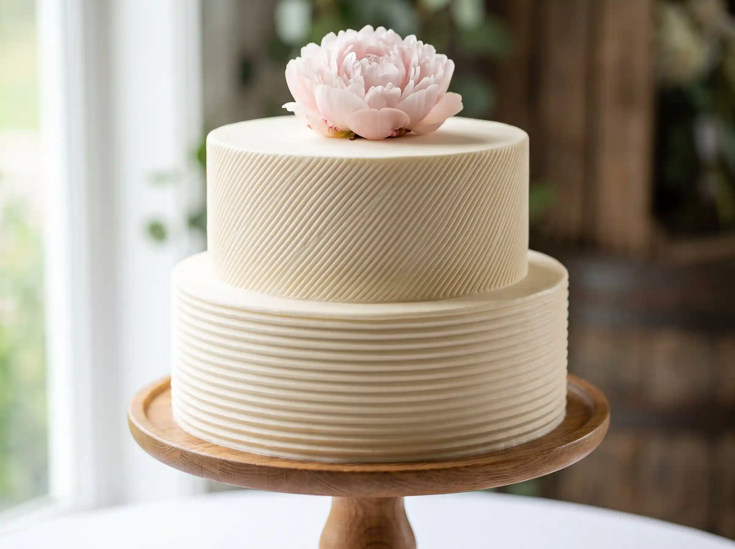 Two-tier ivory buttercream wedding cake with horizontal combed ribbing and single blush peony on top