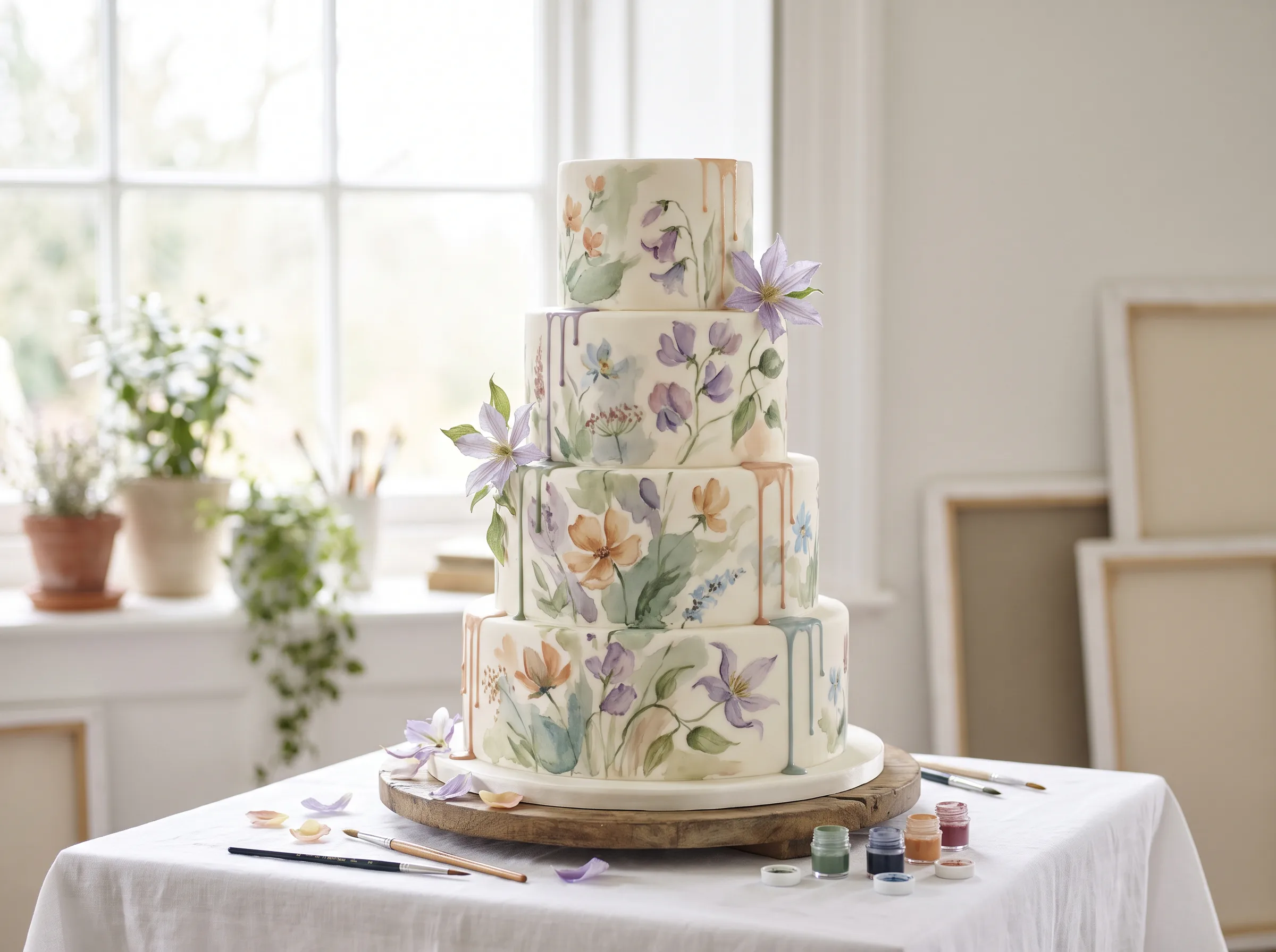 Four-tier ivory fondant wedding cake hand-painted with loose watercolor wildflowers in soft natural light