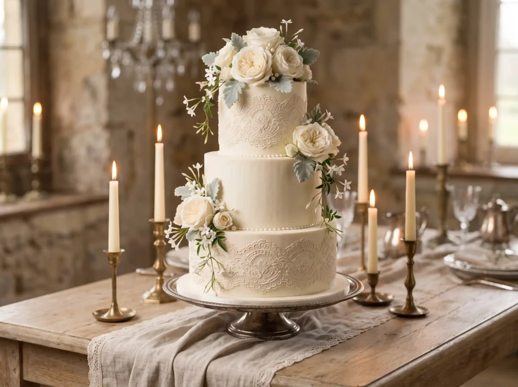 Vintage Lace Buttercream Inspiration Antique lac Cake with lace embossing roses