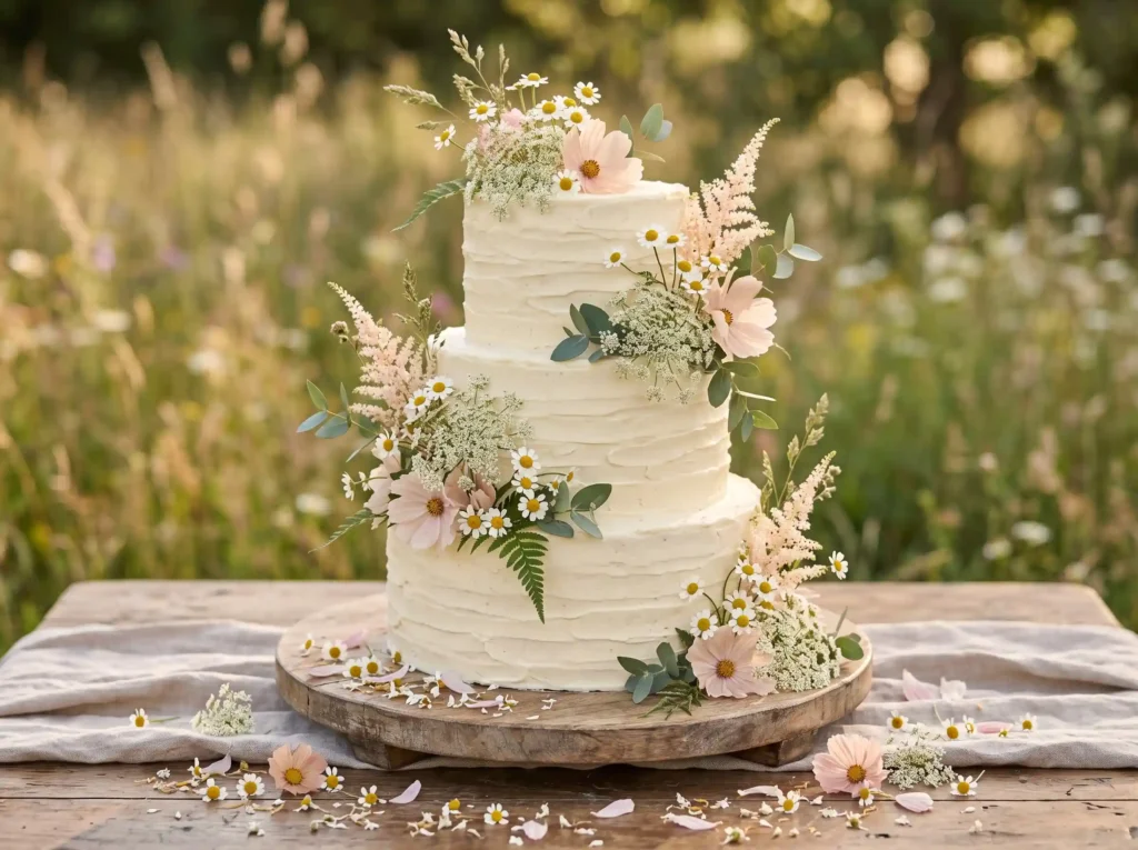 Wild Meadow Charm Inspiration The minimalist flo Rustic wedding cake with flowers