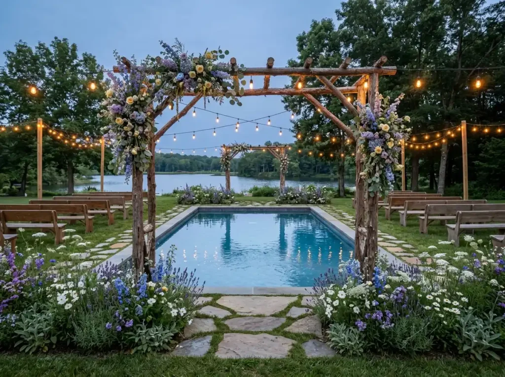 Wildflower Lakeside Charm Inspiration Relaxed co Wildflower pool charm rustic arbor