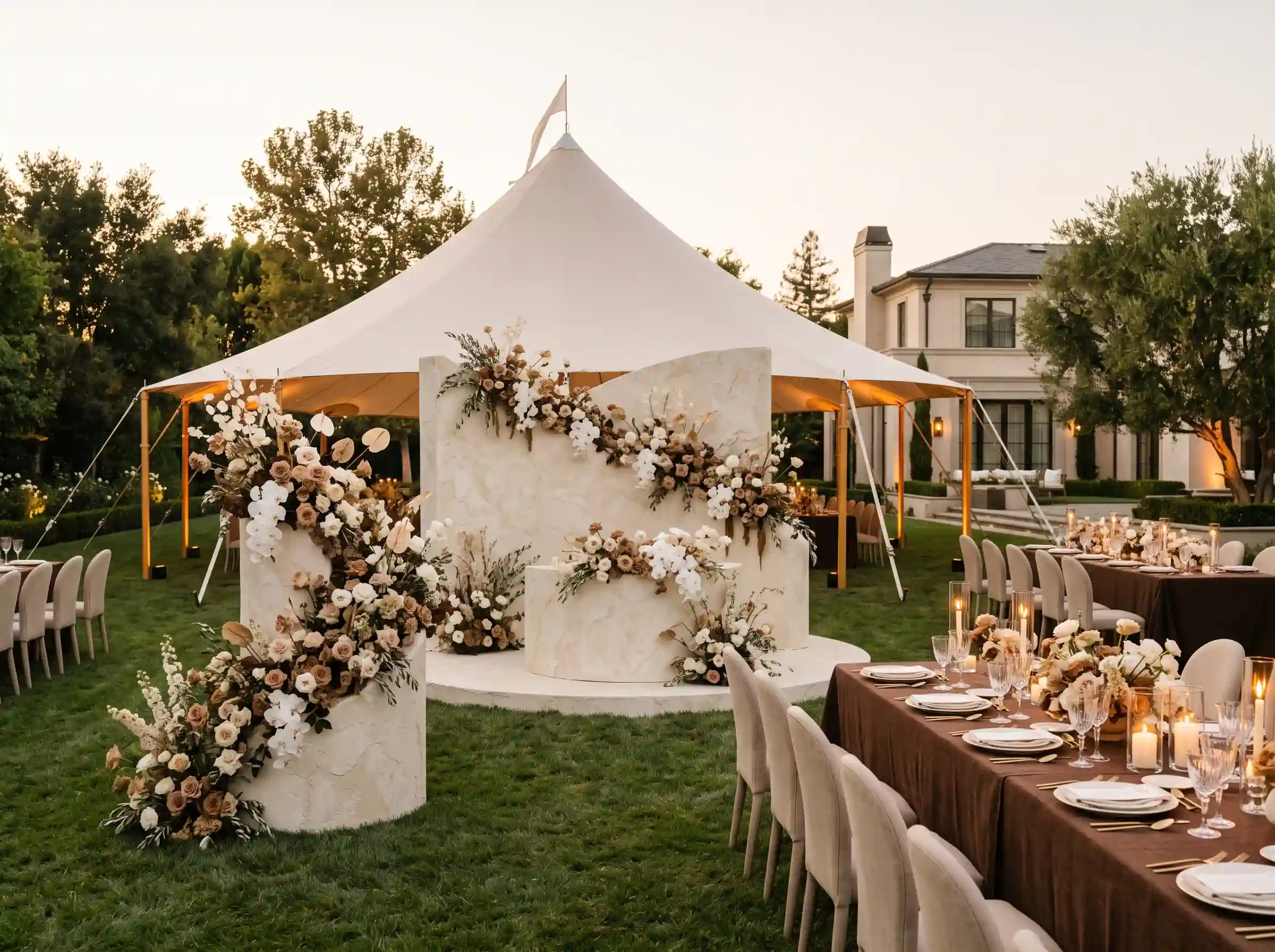 Luxury outdoor wedding with chocolate brown linens and sculptural ivory ceremony backdrop under tent