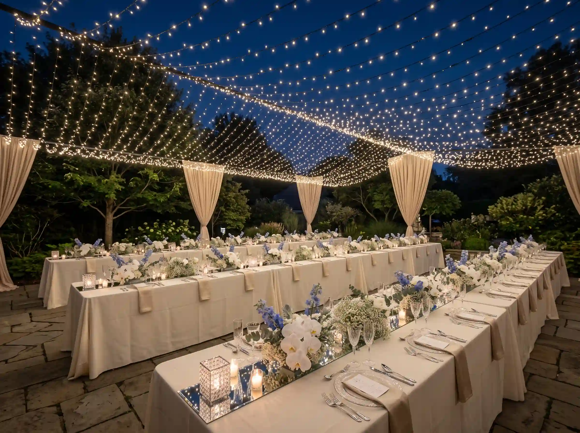 Celestial starlight garden wedding reception with twinkling lights mimicking a star-filled sky above dinner tables