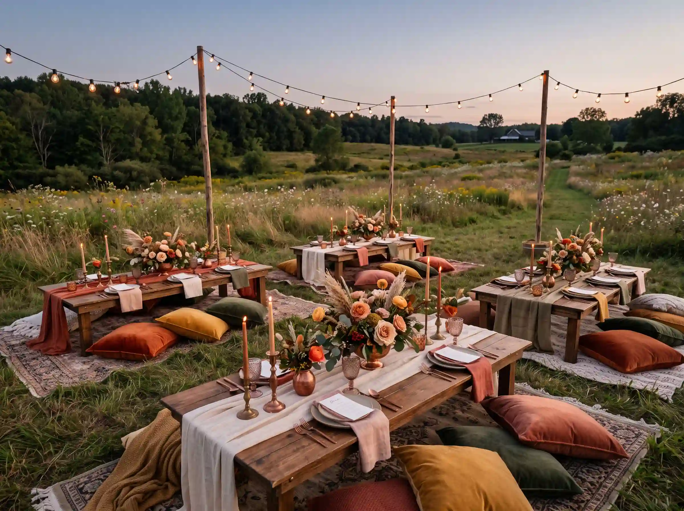 Bohemian meadow picnic wedding reception with low tables velvet cushions and copper candlesticks