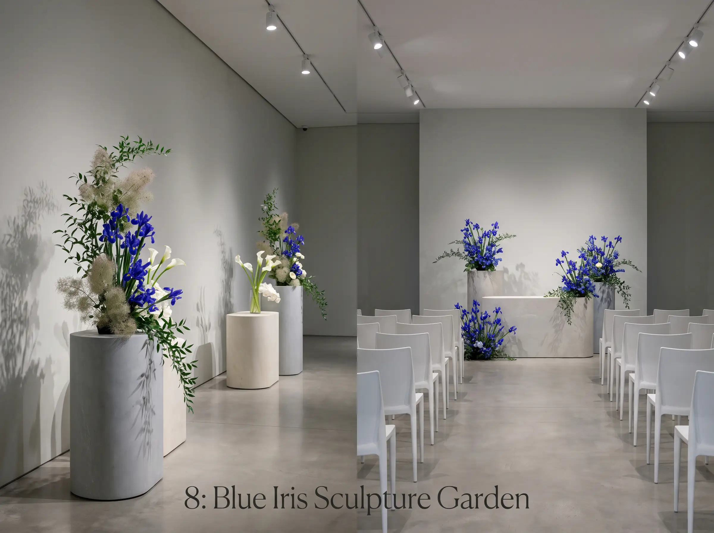 Cobalt blue iris flowers in sweeping vertical compositions with white calla lilies at a museum-inspired wedding ceremony