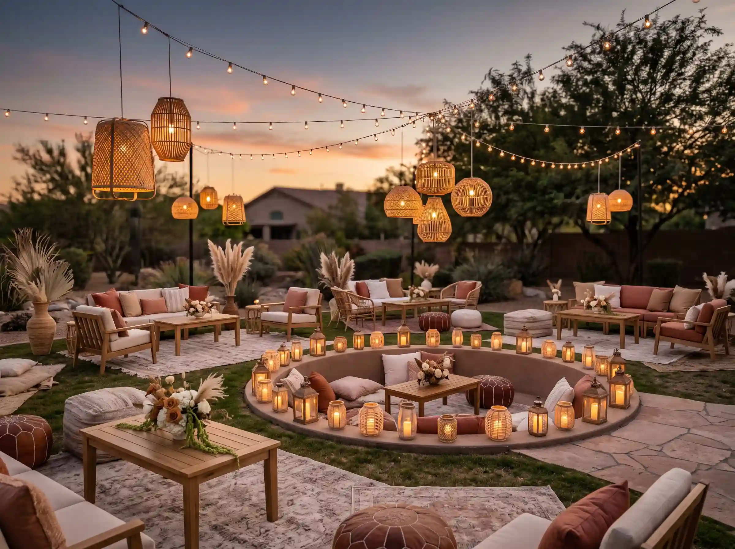 Boho sunset lounge retreat with terracotta tones woven pendant lanterns and pampas grass arrangements