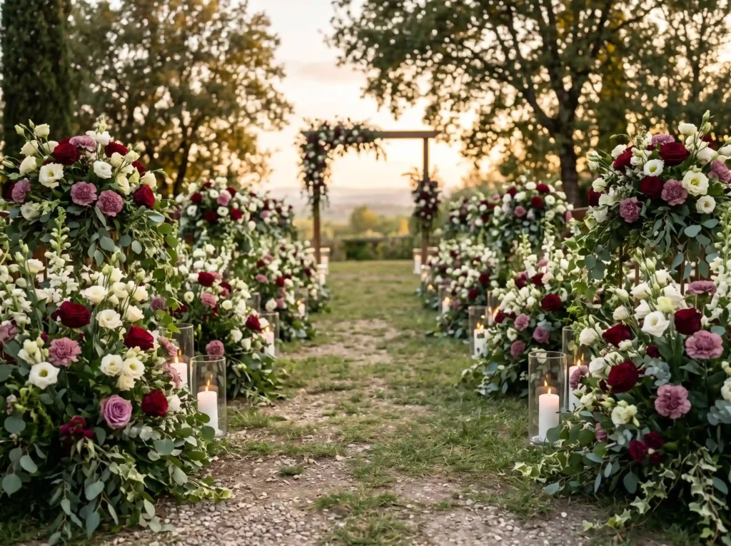 Burgundy Floral Aisle Meadow Inspiration A cerem Burgundy floral aisle meadow K