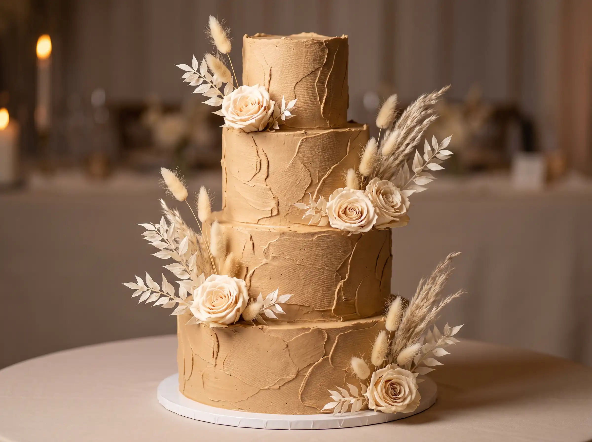 Neutral caramel wedding cake with textured linen-like buttercream finish and soft warmth