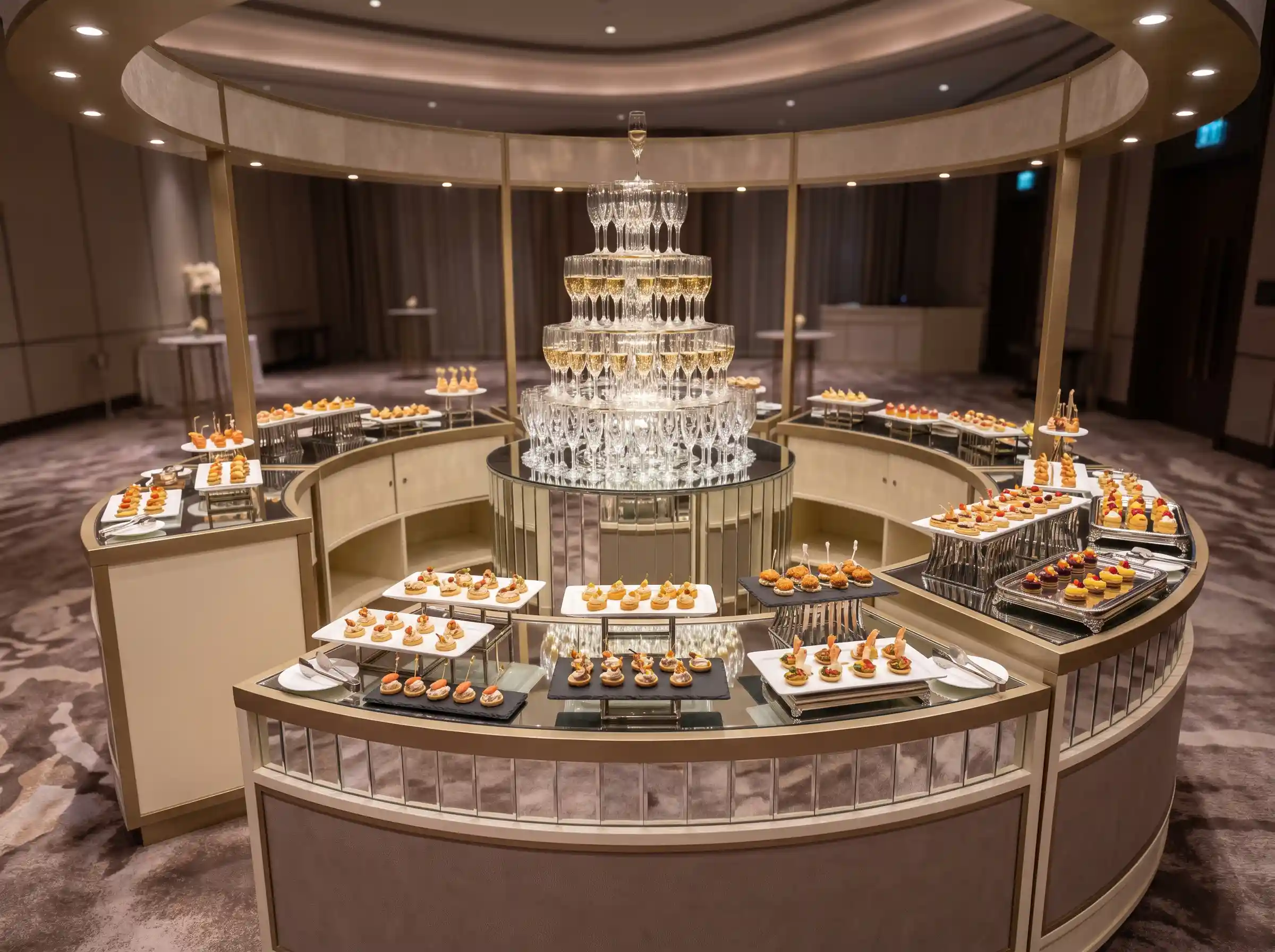 Champagne tower wedding food display with mirrored gold serving station and canapés in an elegant hotel lounge
