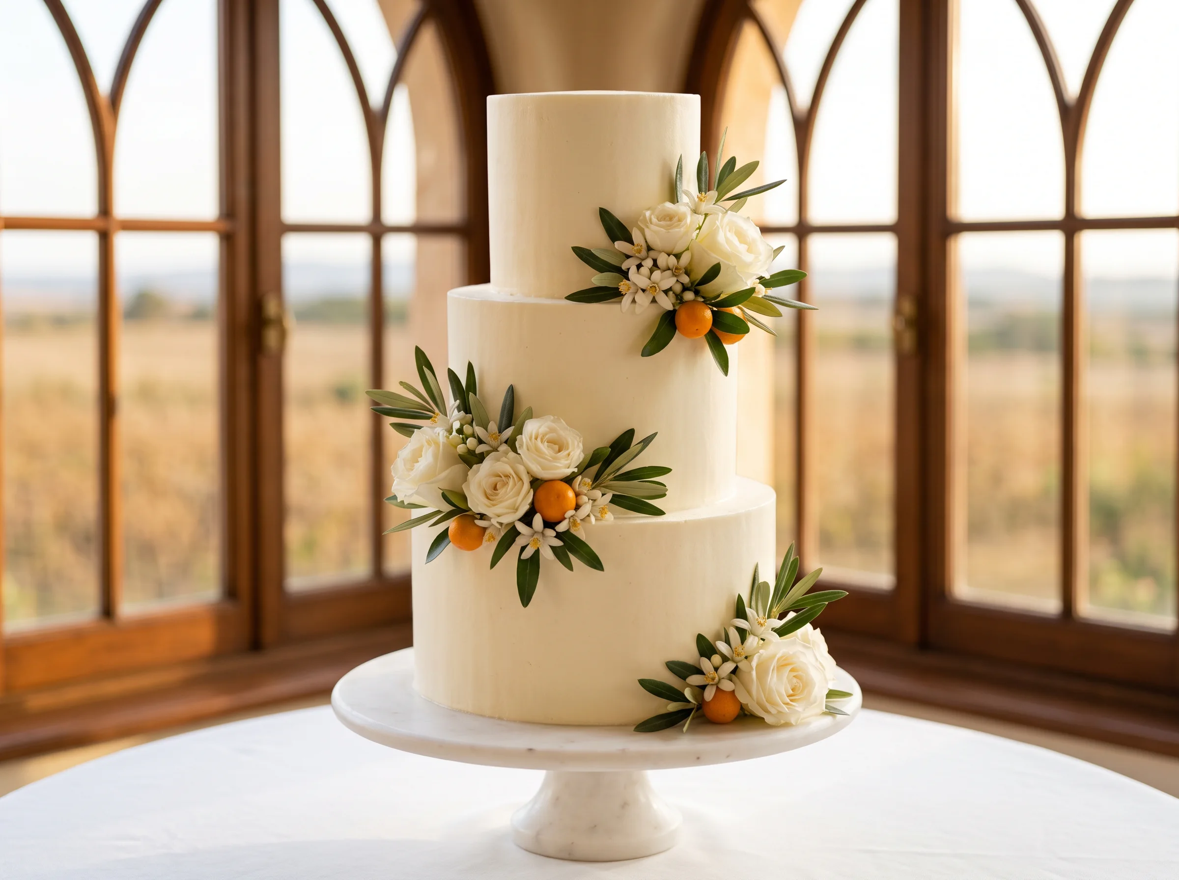 Mediterranean-inspired wedding cake with citrus blossoms kumquats and green leaf decorations