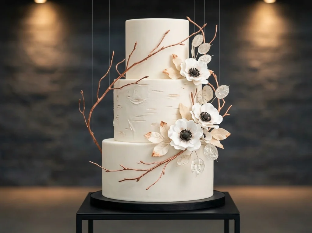 Copper Birch Grace Inspiration The shimmering ba Birch bark wedding cake copper