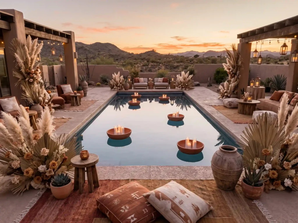 Desert Sunset Oasis Inspiration Earthy textures Desert sunset oasis pool reception