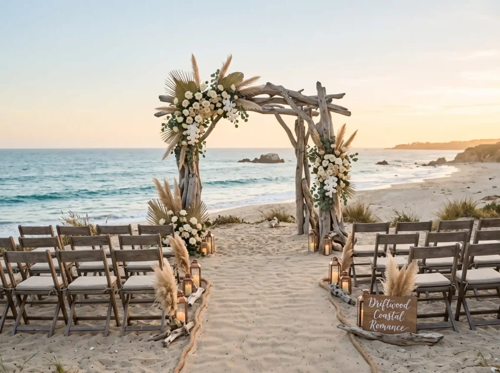Driftwood Coastal Romance Inspiration Natural sh Driftwood arch wedding ceremony K