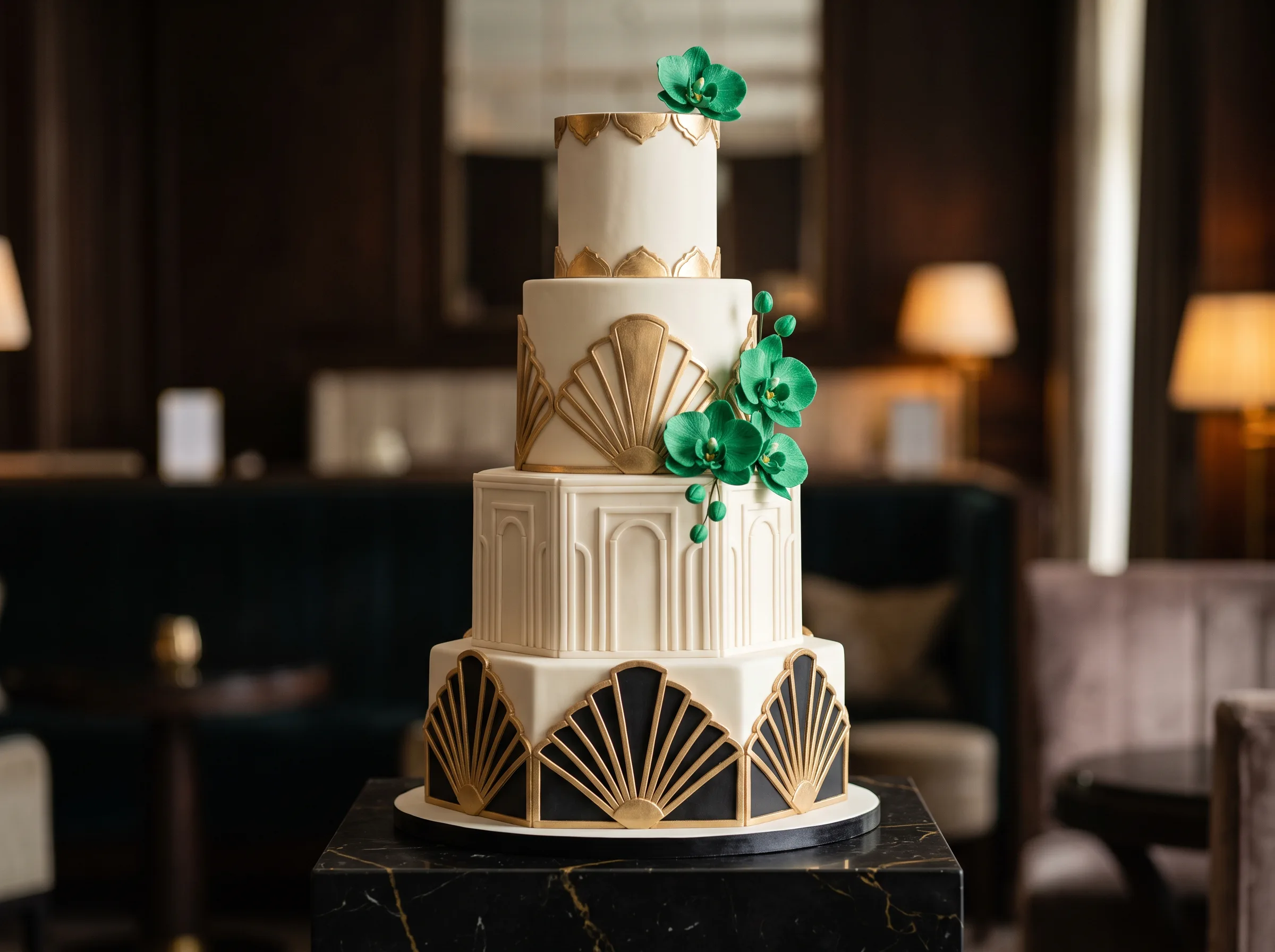 Art Deco inspired wedding cake with deep emerald green tiers and bold gold geometric patterns