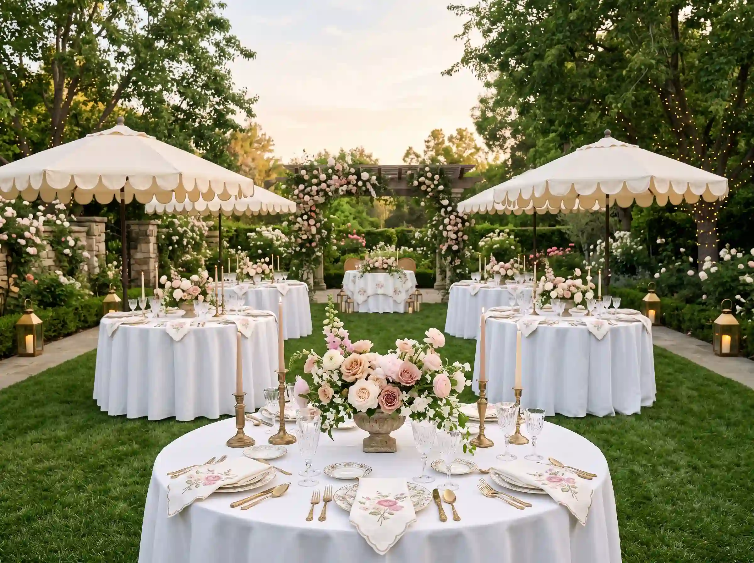 Romantic English rose lawn party reception with garden roses peonies scalloped umbrellas and taper candles