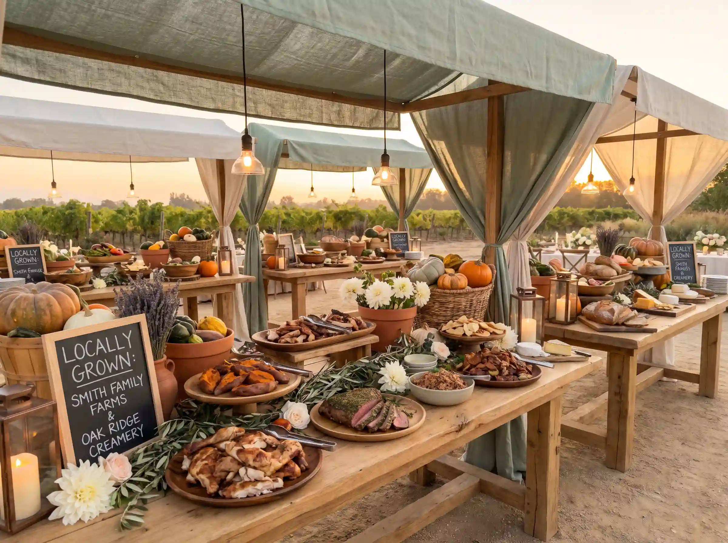 Farm-to-table harvest market wedding buffet with chalkboard signs and seasonal produce baskets