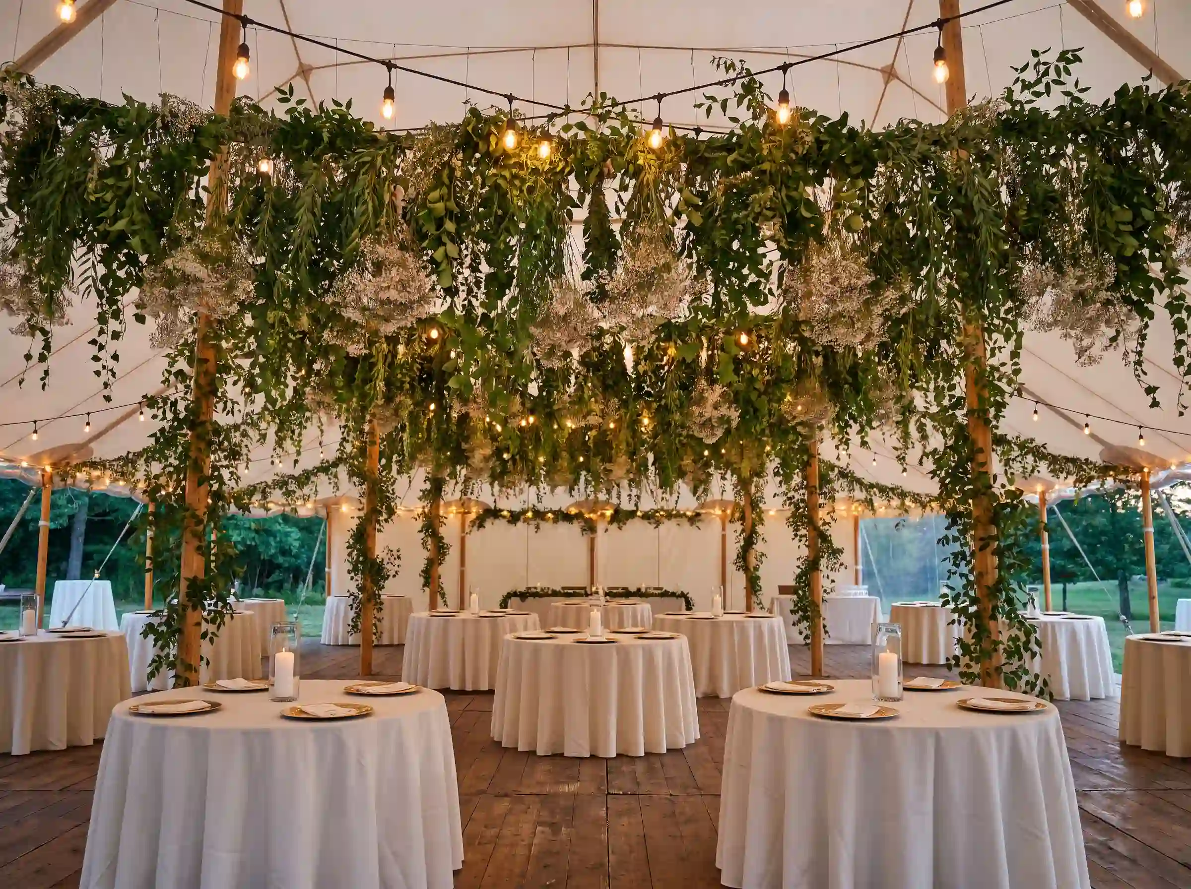 Open-sided wedding tent with ceiling covered in hanging smilax garland ivy and Edison bulb string lights