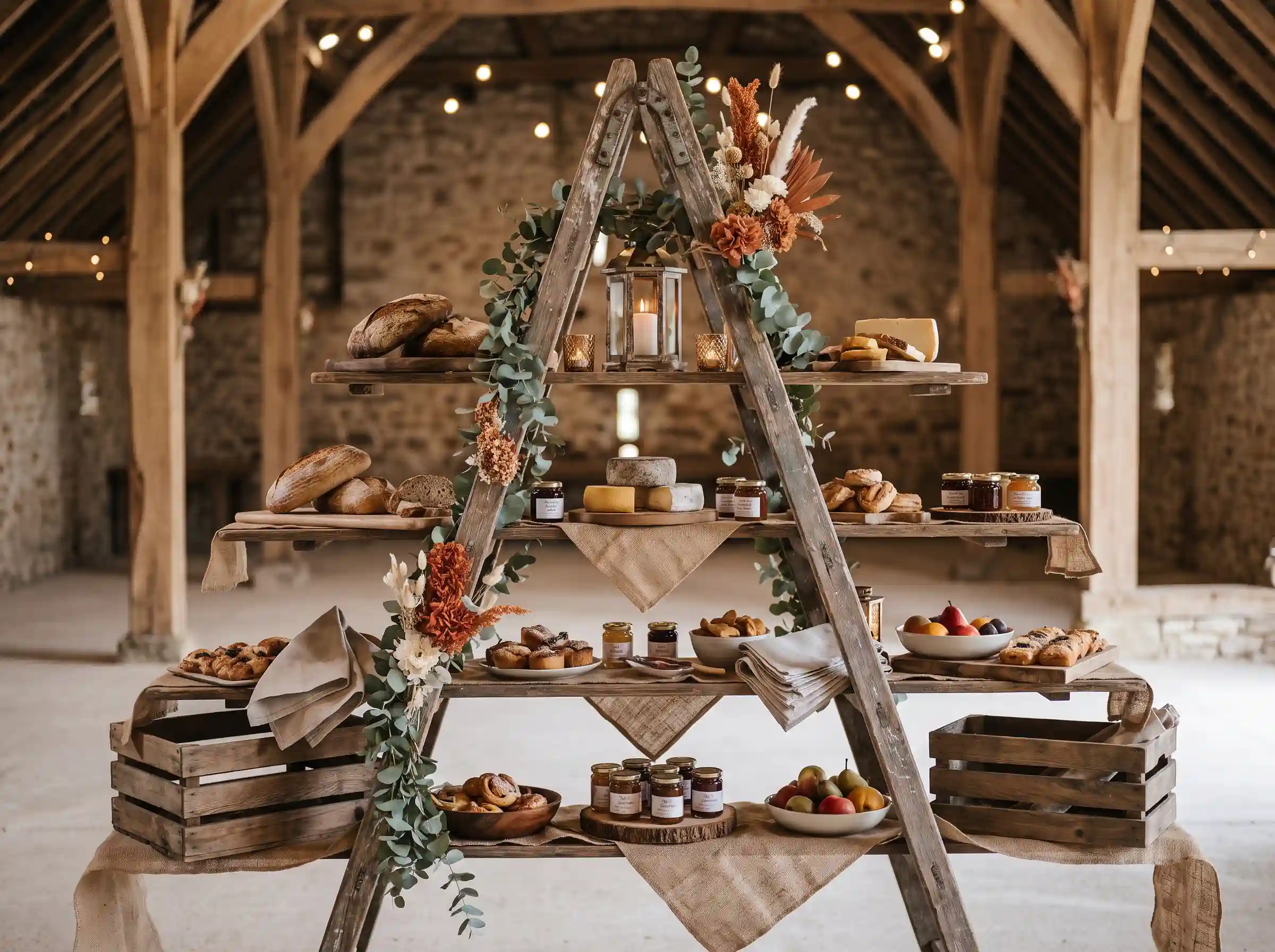 Rustic wooden ladder wedding food display with artisan breads cheeses and eucalyptus garlands