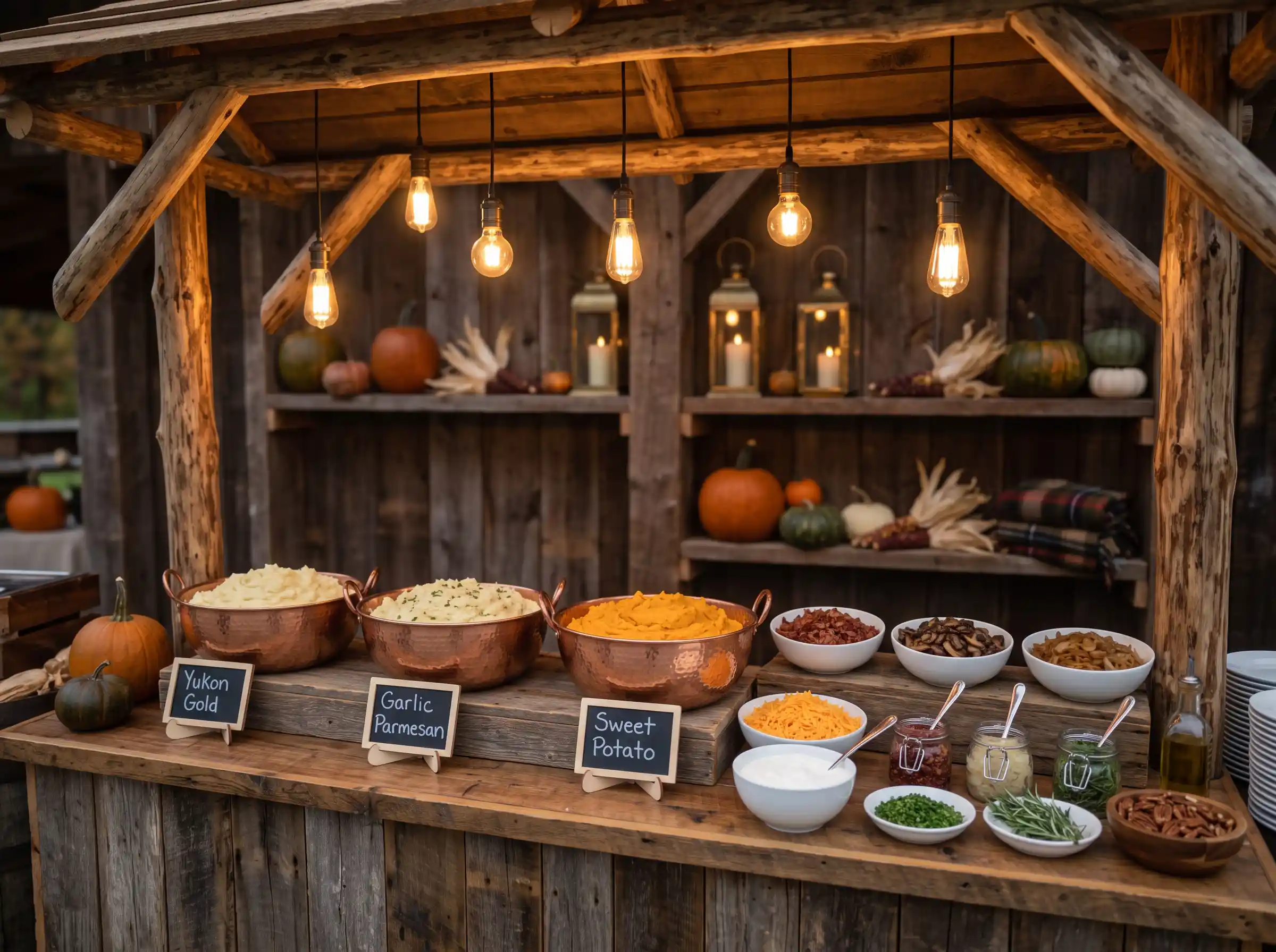 Rustic mashed potato bar with copper bowls Edison bulbs and autumn pumpkins at lodge wedding reception