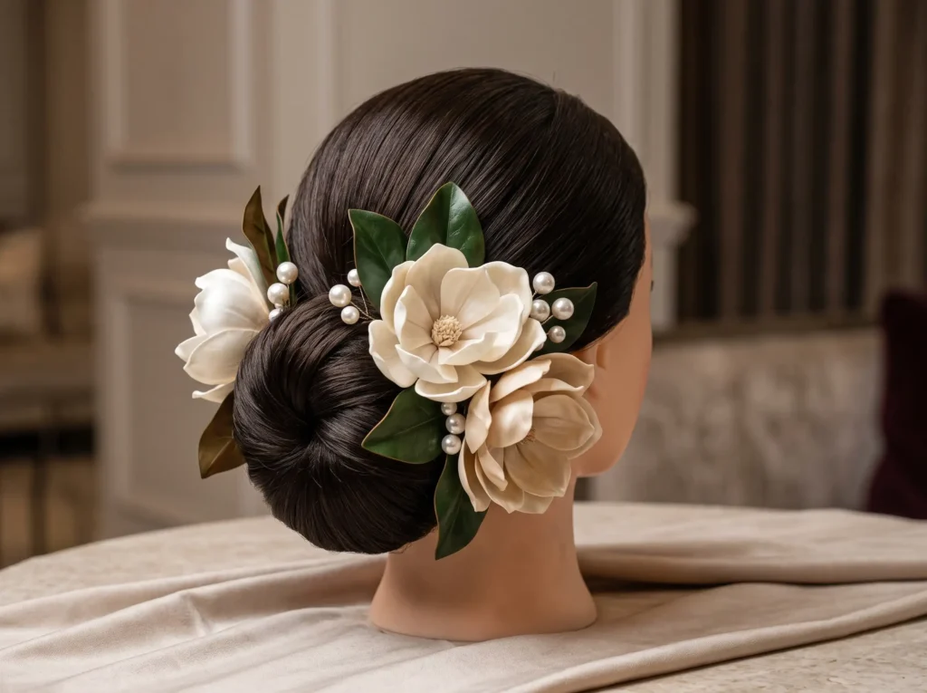 Magnolia Silk Bun Inspiration Southern elegance Magnolia silk bun bridal styling