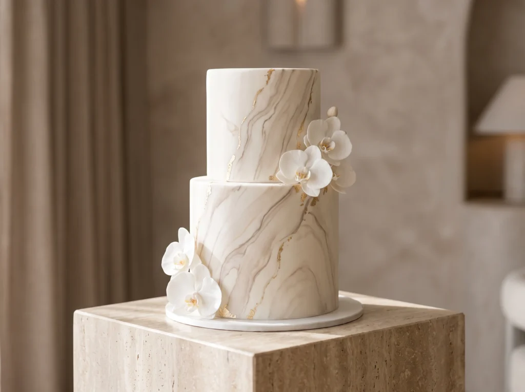 Marble Vein Luxe Inspiration Preserving the eleg Marble veining wedding cake orchids