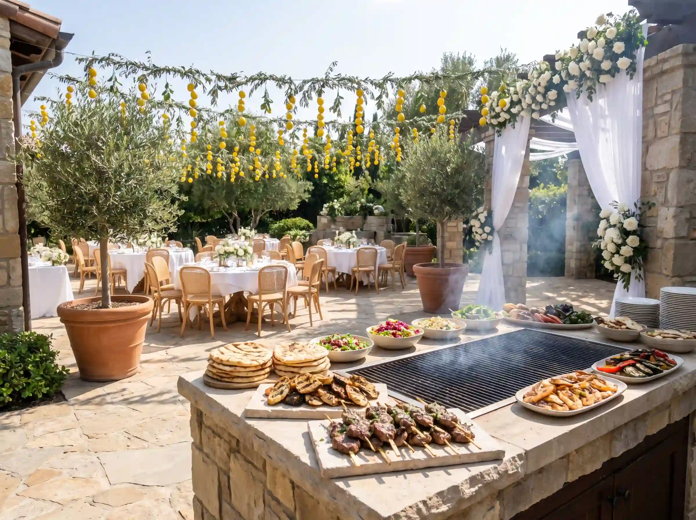 Mediterranean grill garden wedding with herb-marinated lamb and suspended lemon garlands overhead
