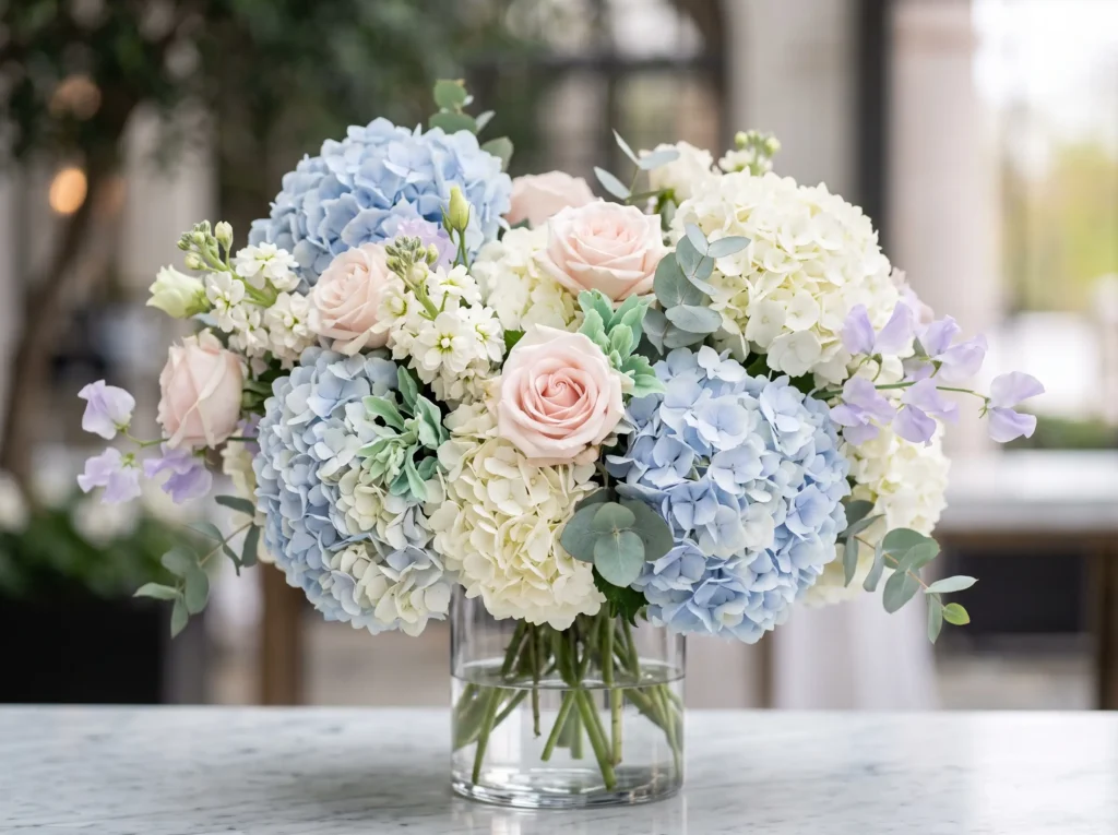 Misty Hydrangea Dreams Inspiration Floating clou Floral centerpiece with hydrange… K
