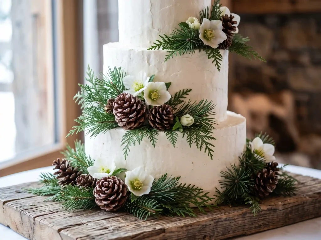 Mountain Pine Celebration Inspiration Cozy alpin Rustic wedding cake pinecones K