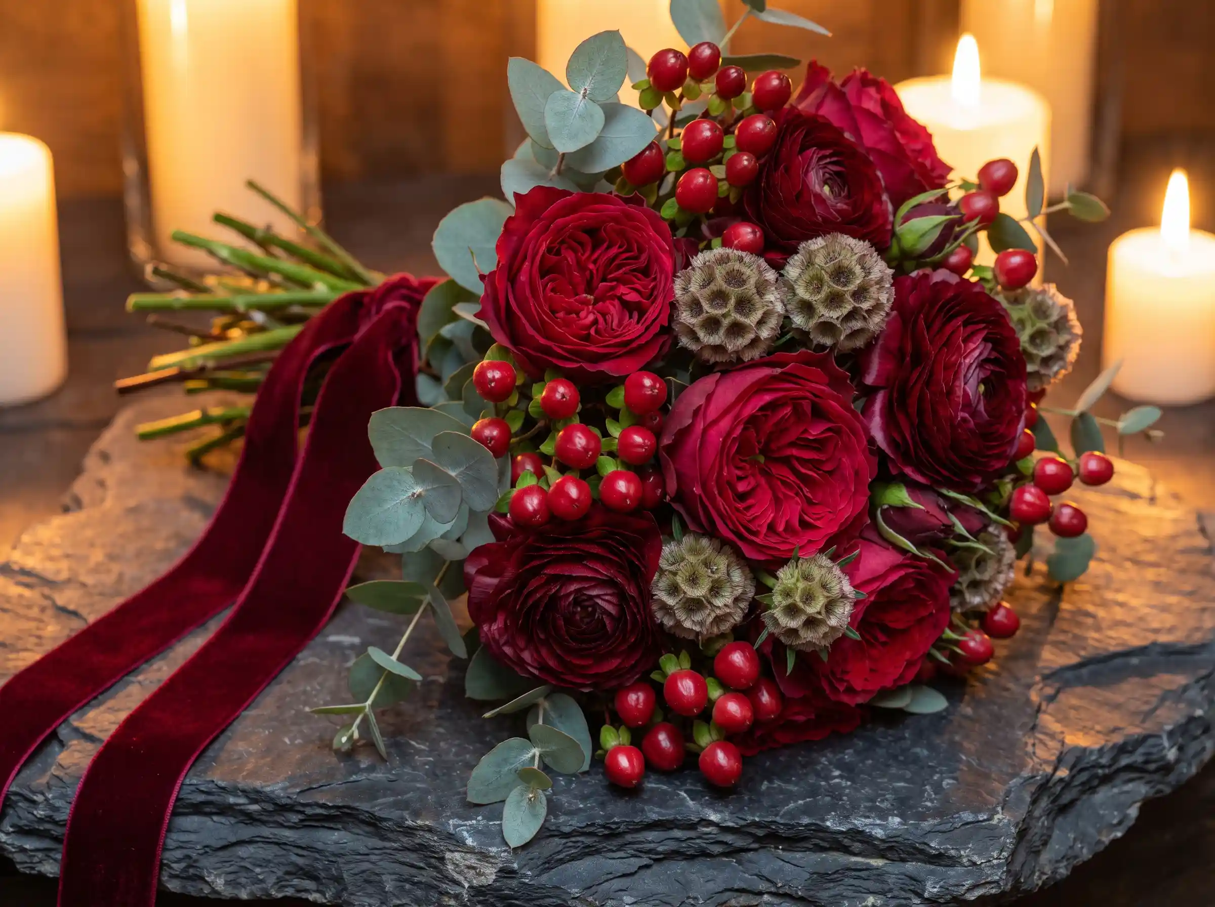 Deep red garden roses bridal bouquet with hypericum berries and burgundy ranunculus