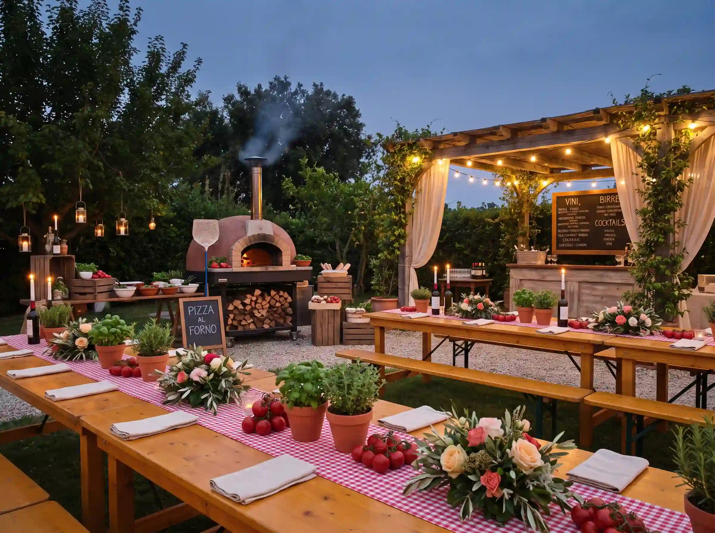 Joyful Tuscan-inspired pizza garden reception with wood-fired oven, herb pots, and festoon lights
