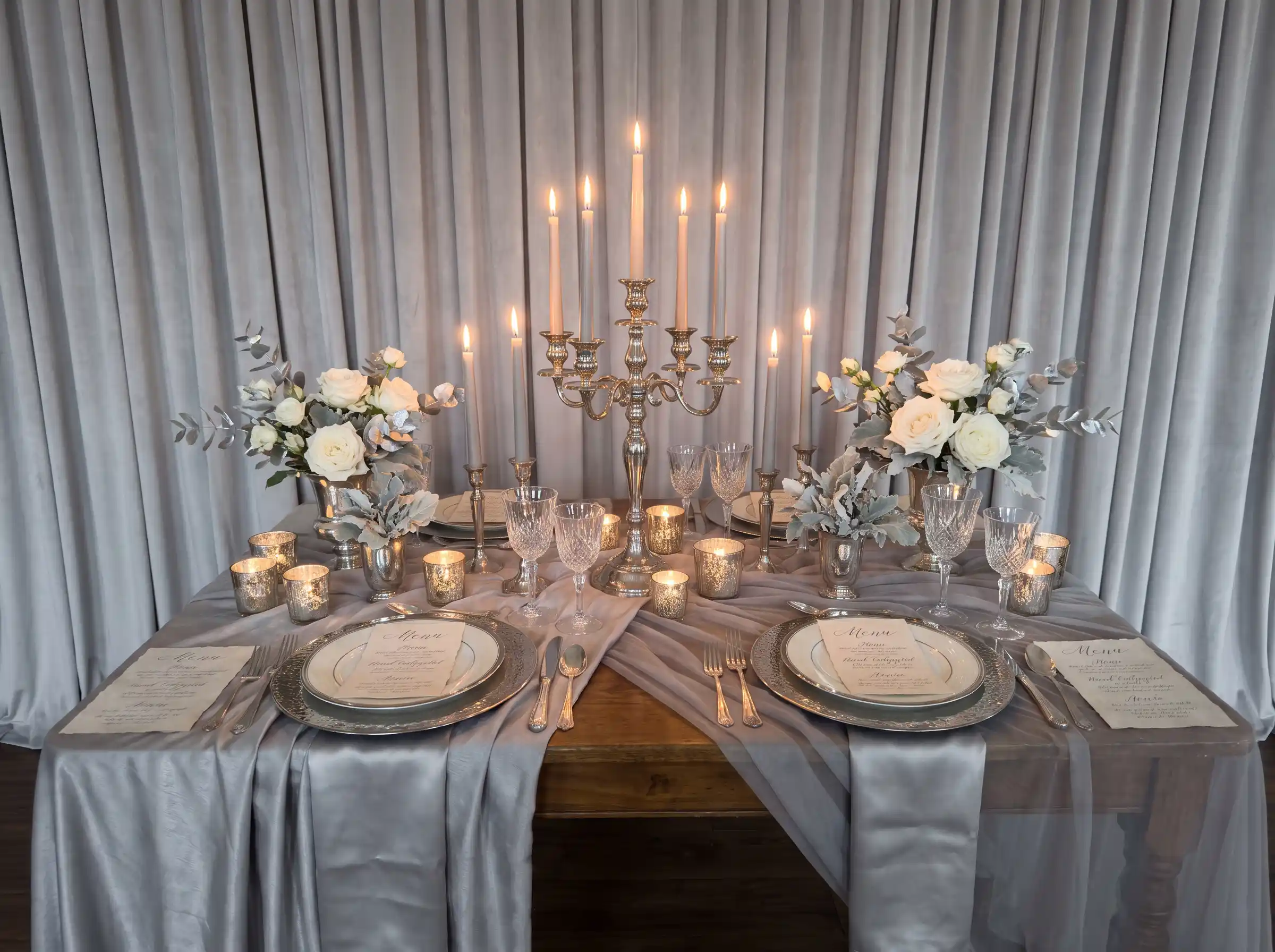 Victorian revival wedding table with silver candelabras crystal glassware and elegant white linen