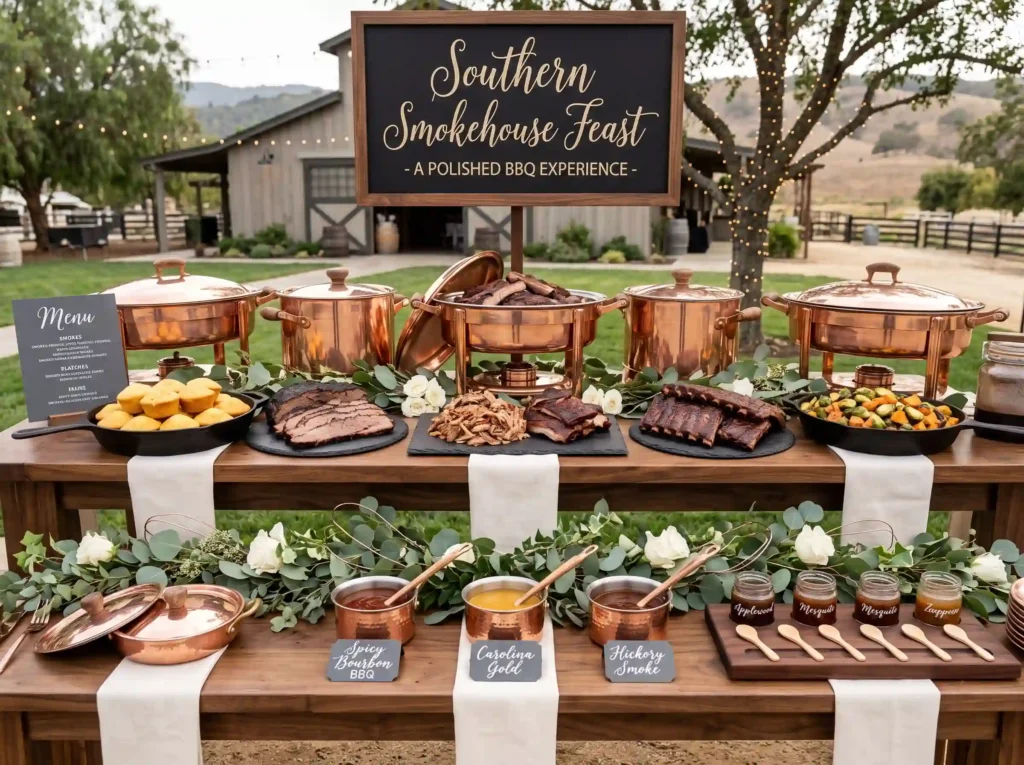 Southern Smokehouse Feast Inspiration Traditiona Barbecue wedding station copper …