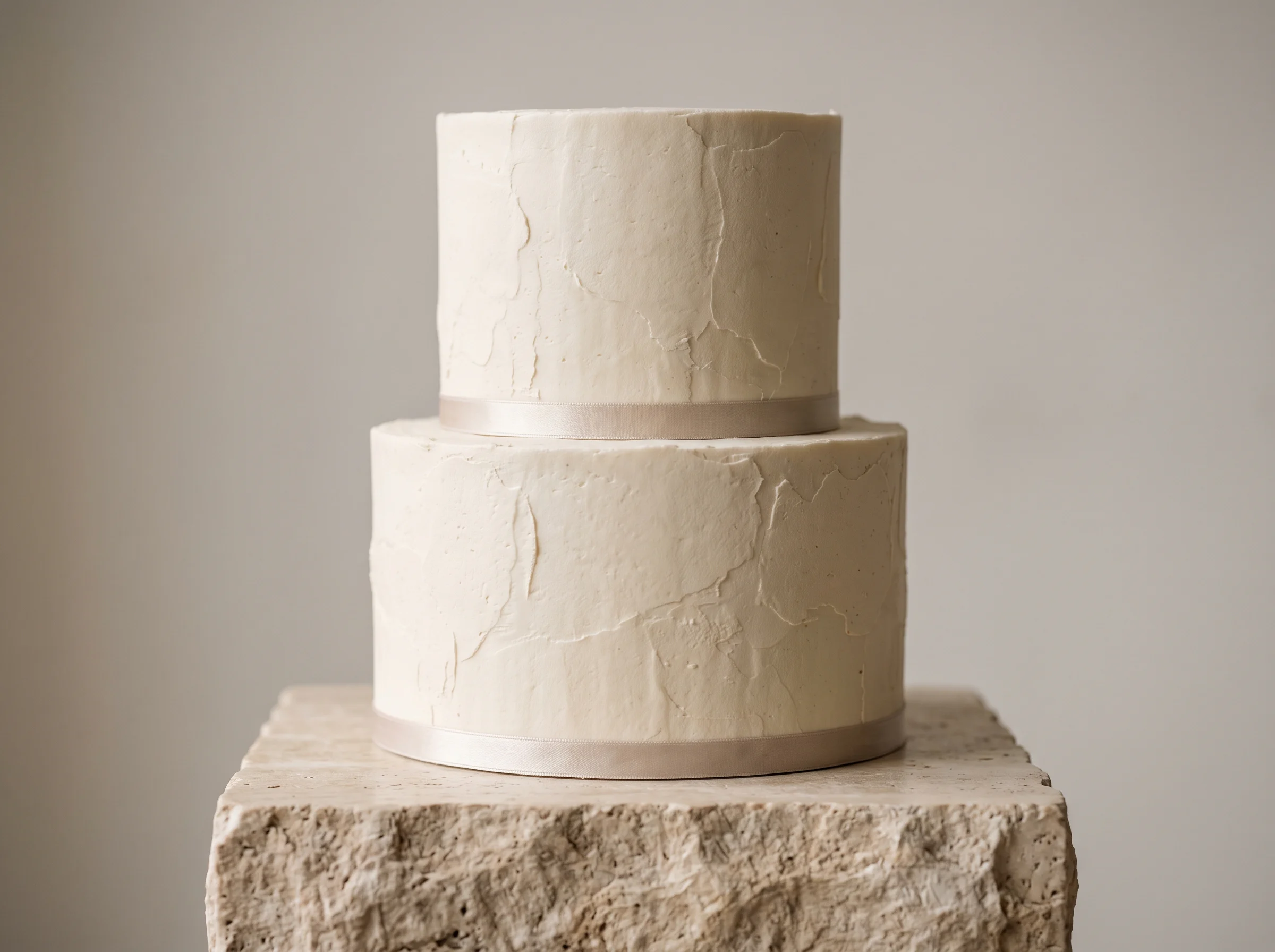Minimalist two-tier wedding cake with smooth stone-like texture and soft silk-finish frosting