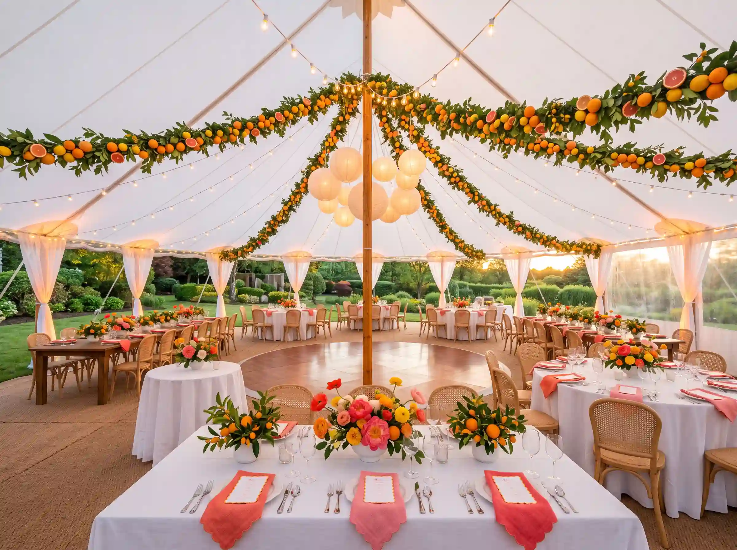Sunset citrus sailcloth soiree with coral peonies and marigold accents under a glowing tent canopy