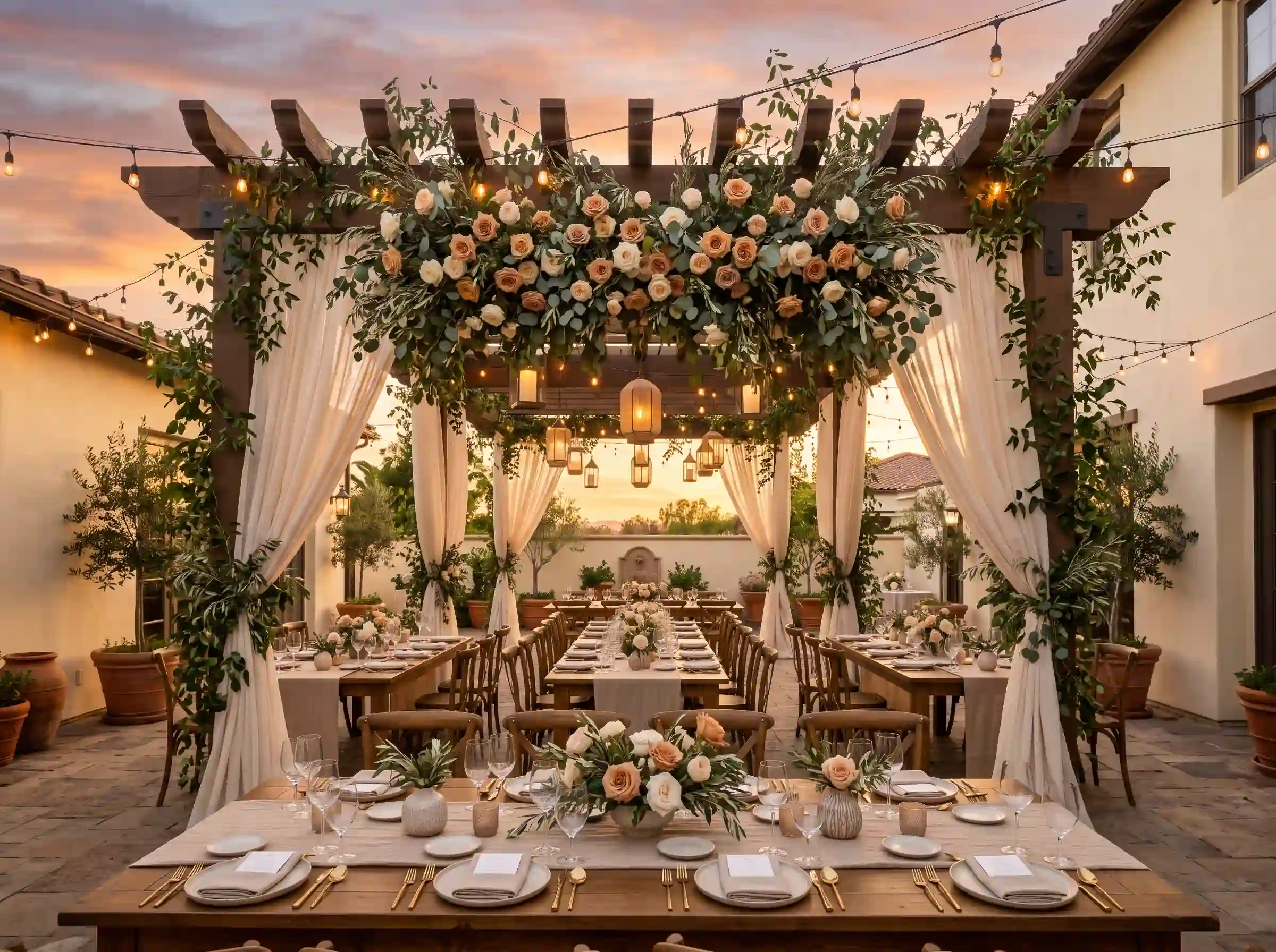 Wooden pergola draped with ivory linen and olive greenery over rectangular dining tables at sunset