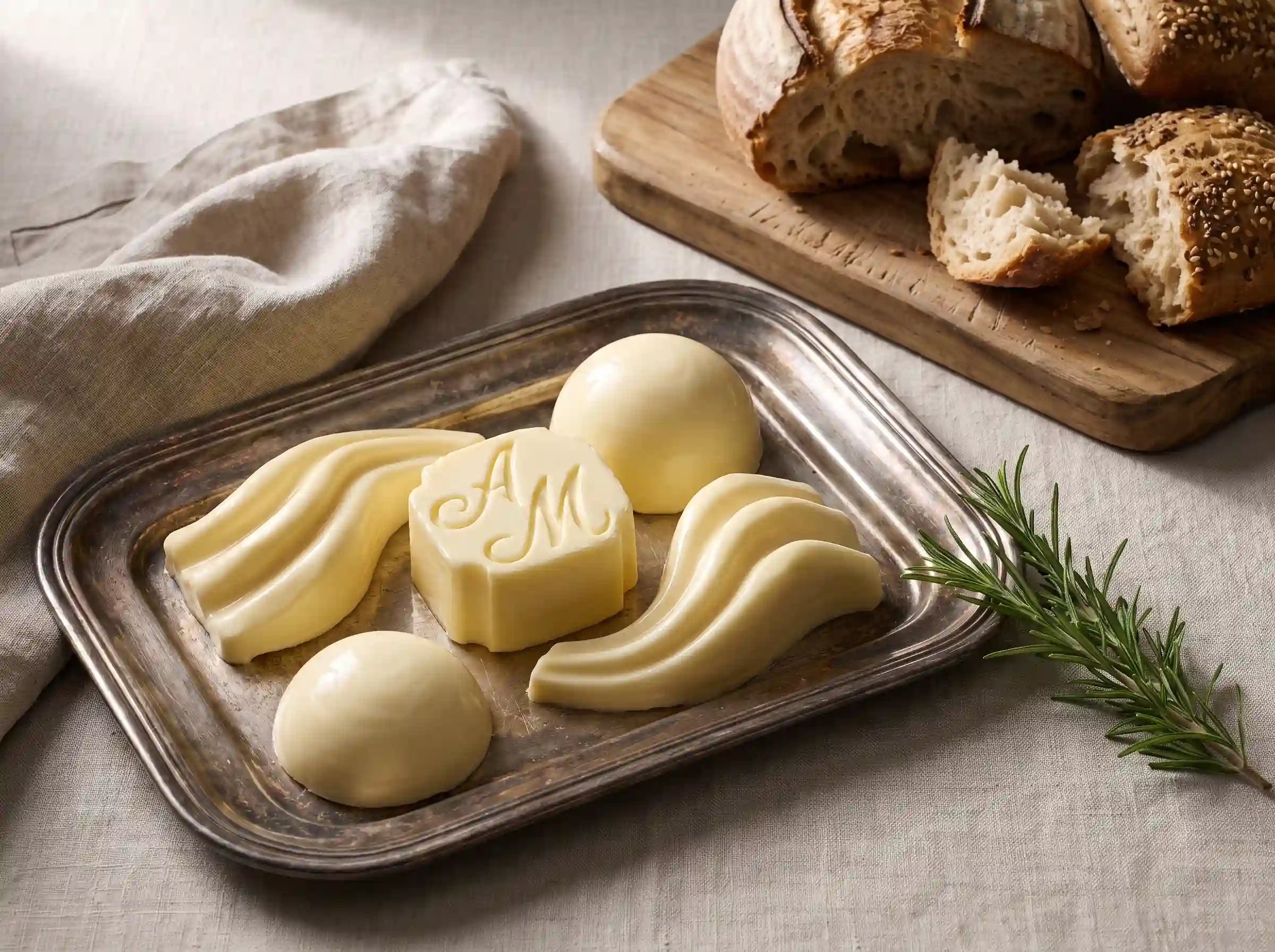 Sculpted butter forms in wave and monogram shapes on antique silver tray beside torn artisan bread and rosemary