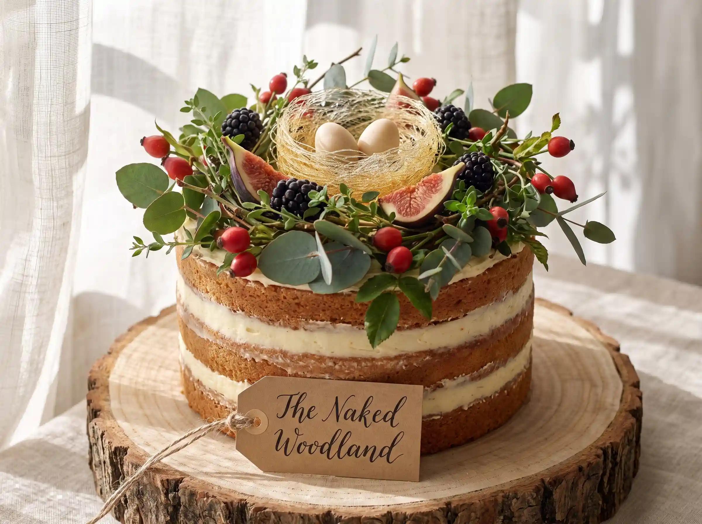 Naked layer cake with exposed sponge, eucalyptus, berries, figs, and bird nest topper on wood slab