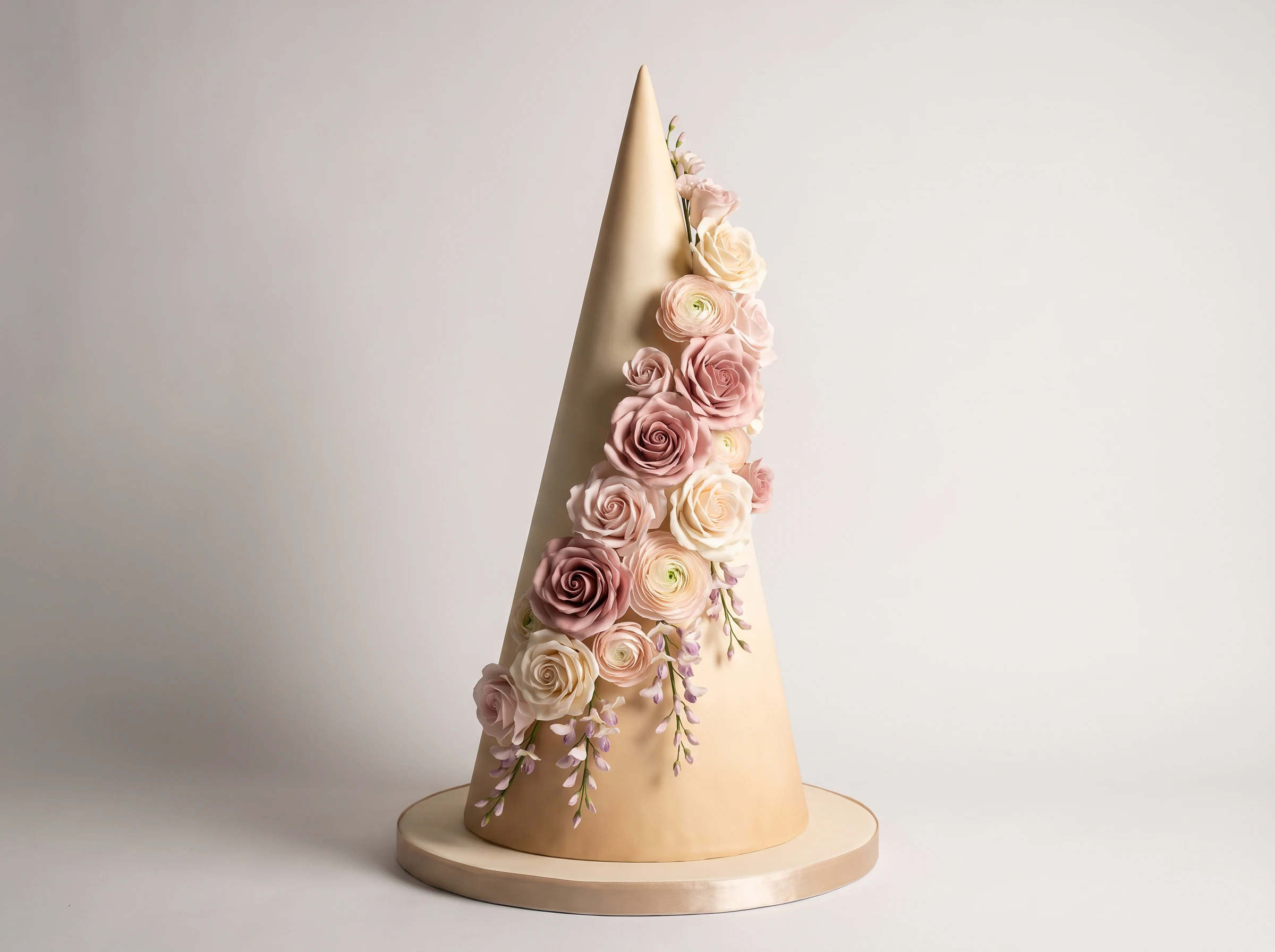 Tall conical wedding cake sculpture with spiral sugar roses wisteria and champagne fondant finish