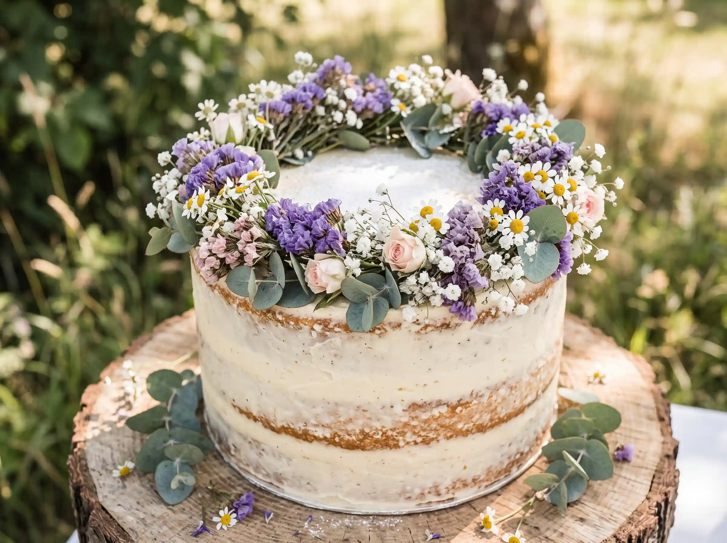 Tall single tier semi-naked cake with dried wildflower wreath crown and blooms pressed into sides