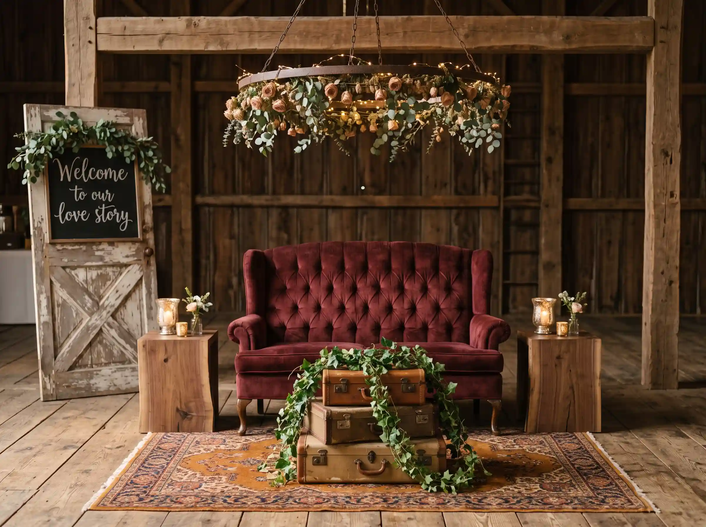 Cocktail hour lounge vignette with a tufted burgundy velvet loveseat and raw edge walnut side tables