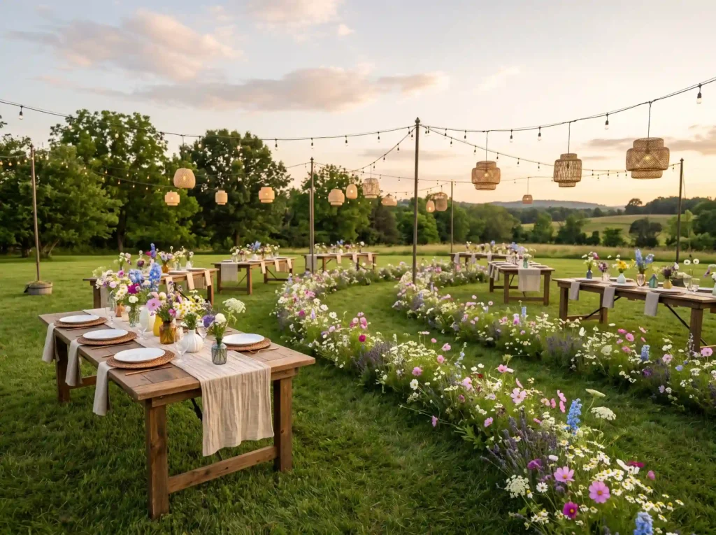 Wildflower Meadow Feast Inspiration A relaxed co Wildflower meadow wedding reception K