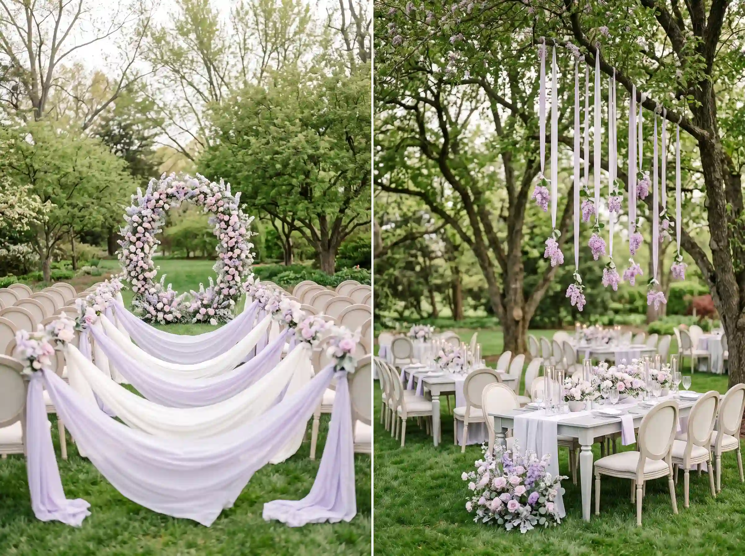 Elegant garden wedding with soft lilac circular floral arch and hanging wisteria over reception tables