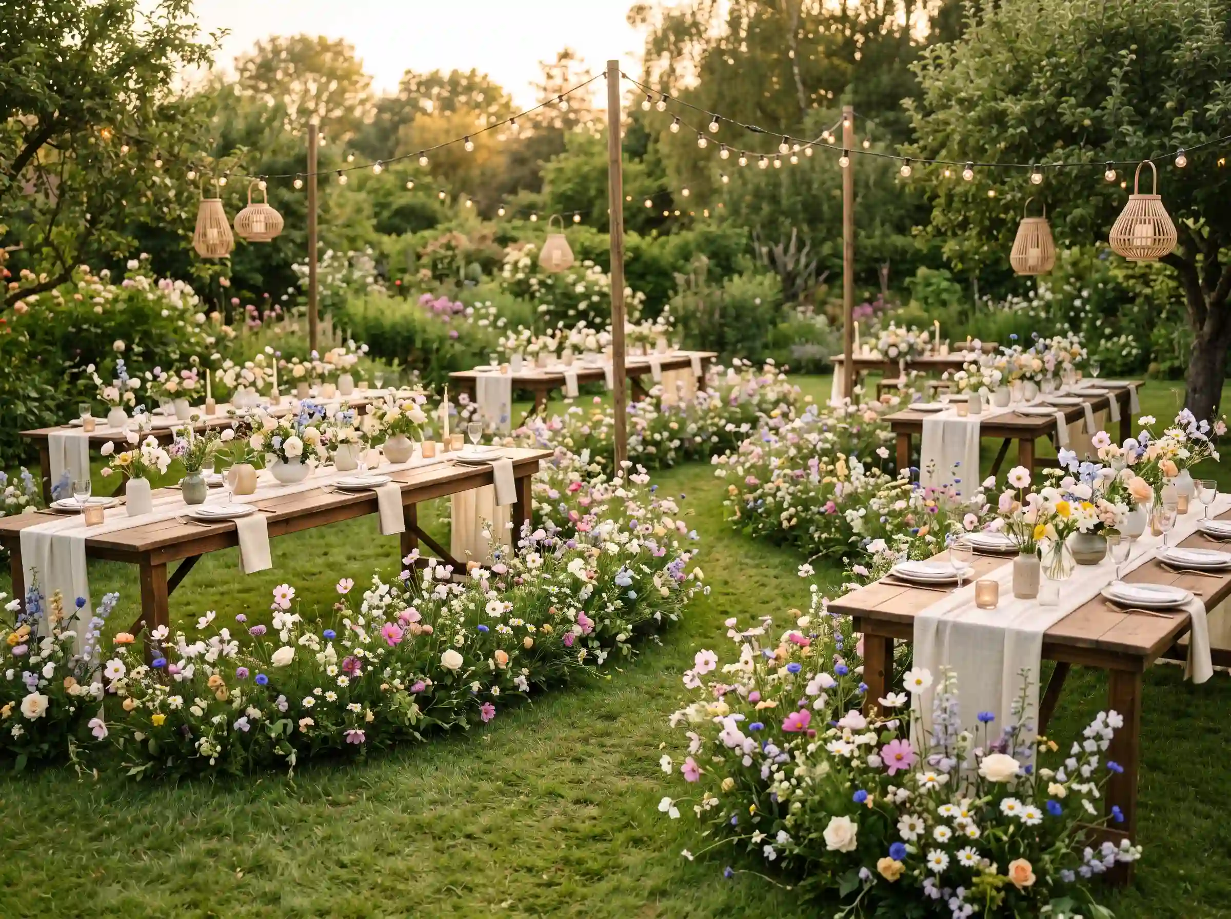 Wildflower meadow wedding celebration with colorful natural blooms and rustic wooden tables in an open field