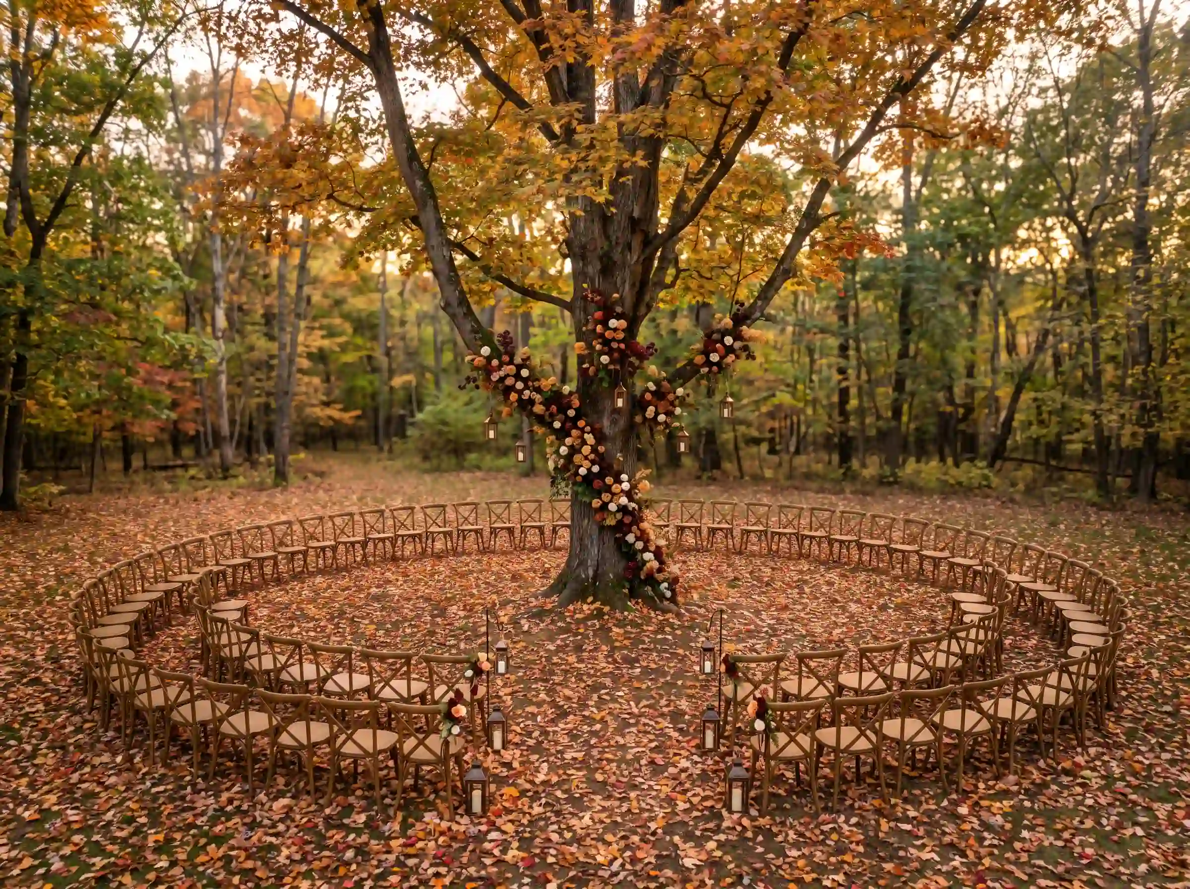 Circular wedding ceremony seating around a decorated maple tree with autumn leaves and lanterns