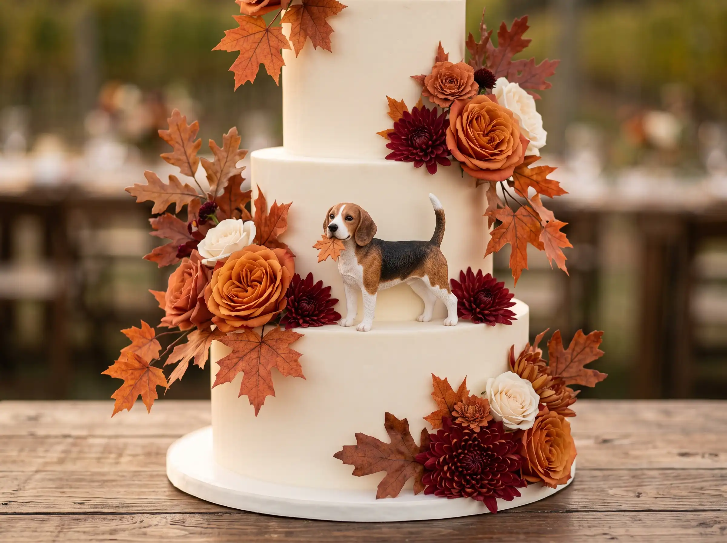 Autumn harvest wedding cake with beagle figurine topper and fall seasonal floral arrangements