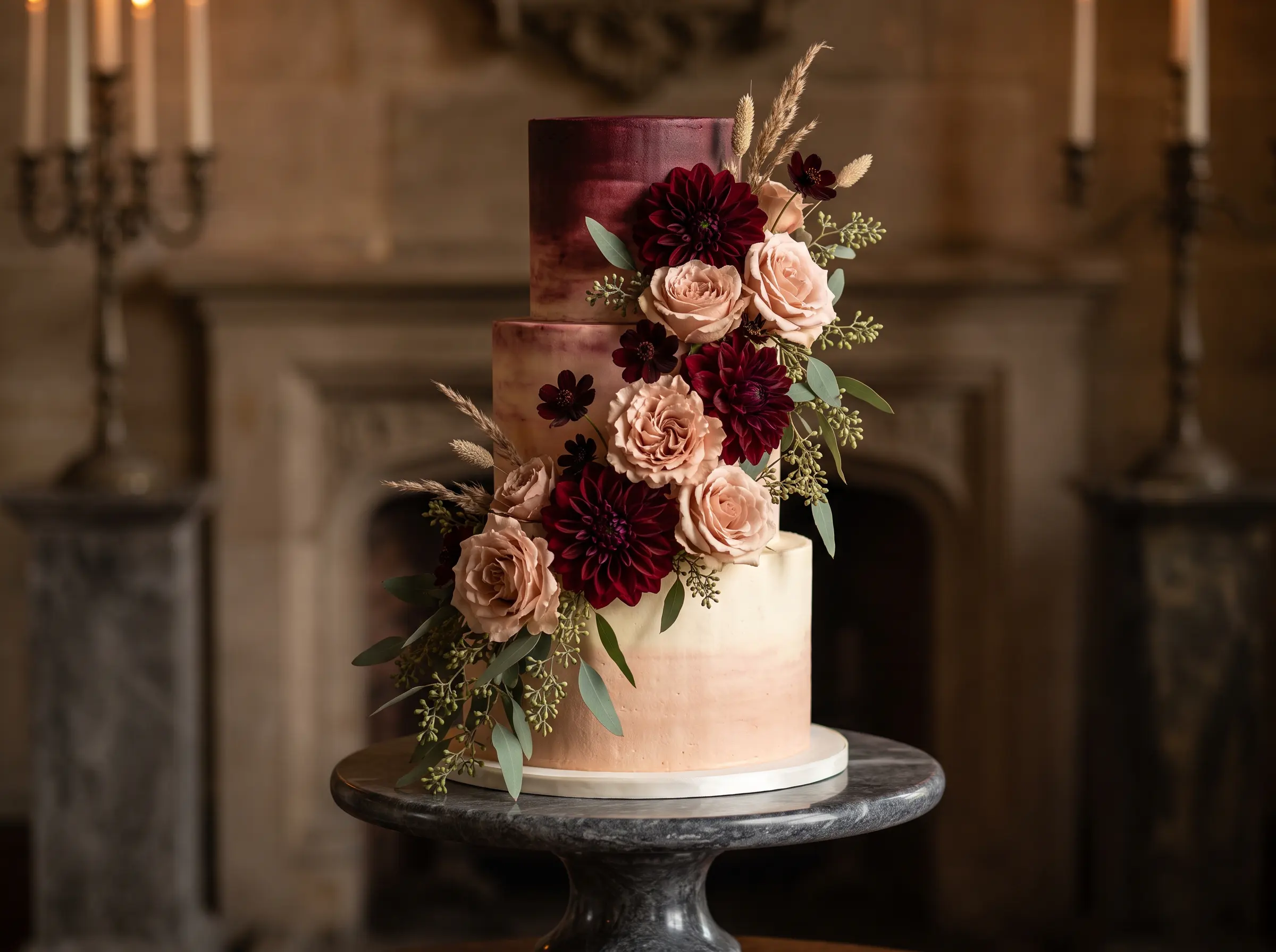 Bold burgundy dahlia wedding cake with rich autumn tones and dramatic dark floral arrangement